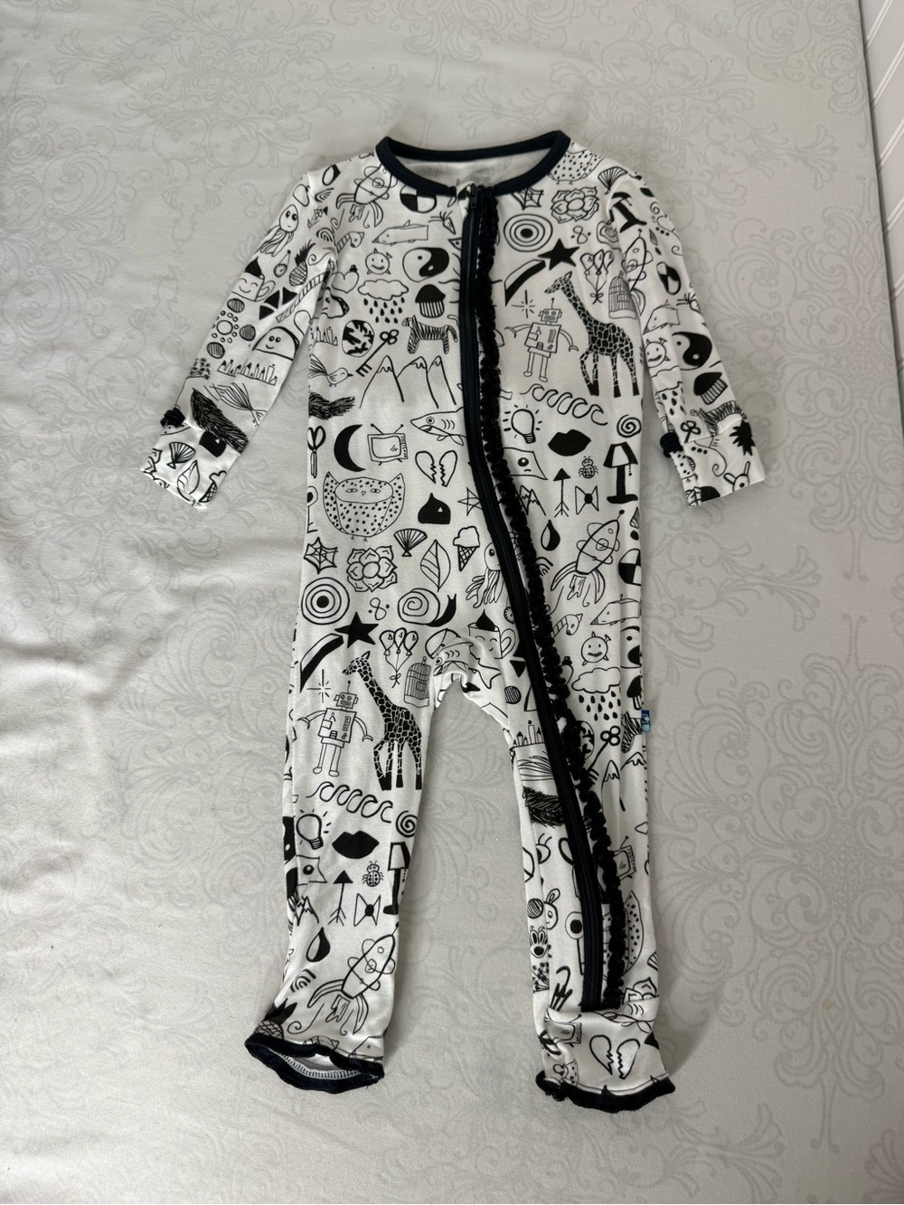 Girl's Print Bamboo Classic Ruffle Footie with Zipper Doodles Size 9-12 Months